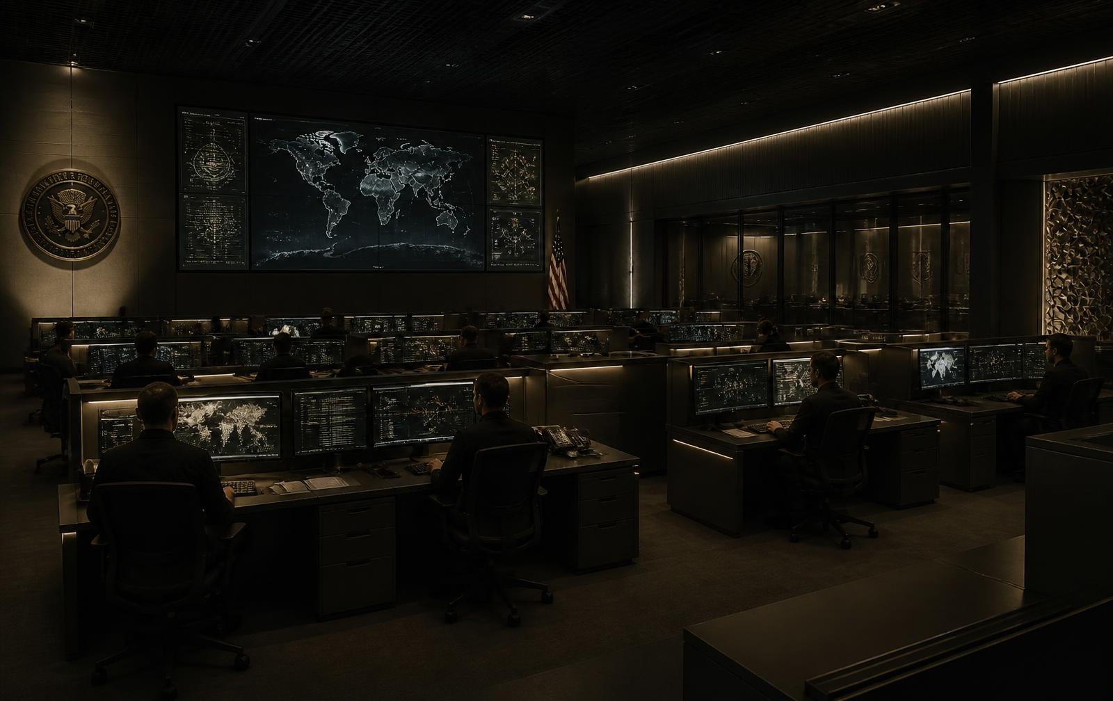 Secure cyber operations centre with analysts monitoring global infrastructure